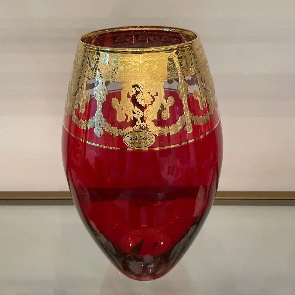 Vintage Style Vecchia Murano Ruby Red Art Glass Vase w/ 24 kt Gold Rim 11in NEW